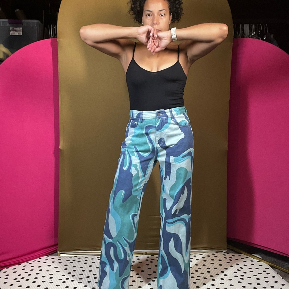 Chic Blue Patterned Women's Flare Jeans